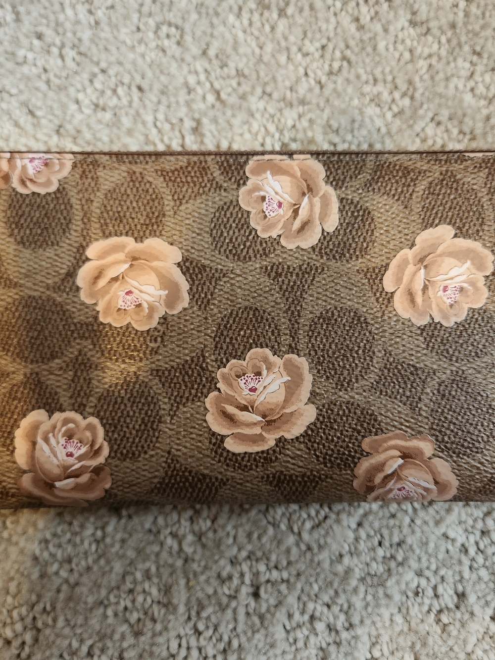COACH Floral Signature Canvas Slim Wallet in Brown and Pink With Rose Design - Picture 4 of 5
